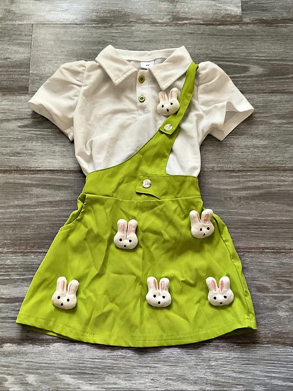 Bunny Overall Dress Set in Green & White Like New